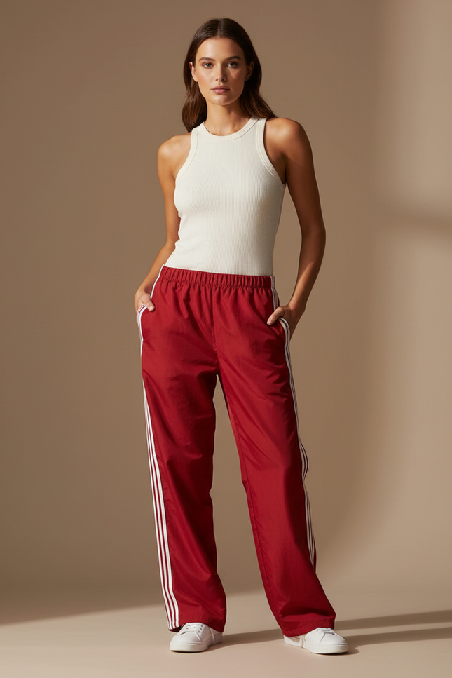 Pantalon Parachute Rouge Ample Sport Rayures Latérales - Polyester