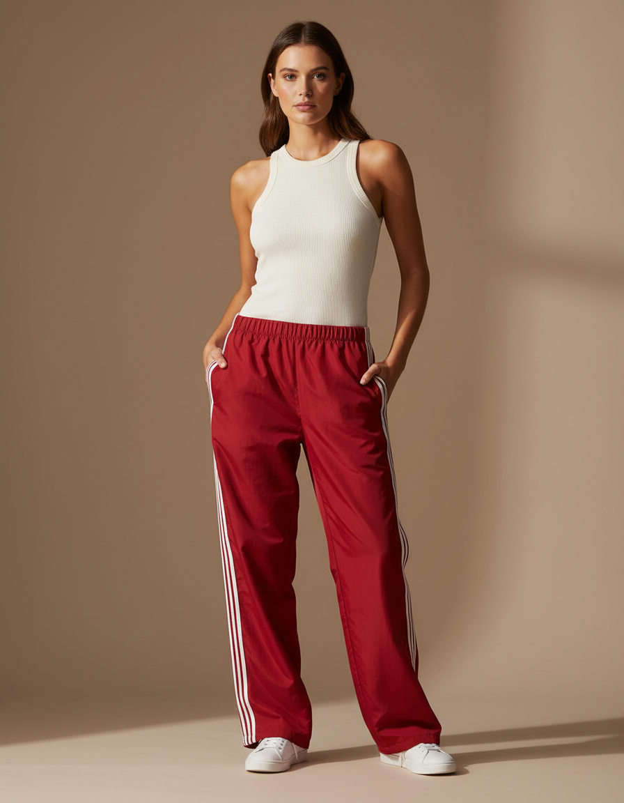 Pantalon Parachute Rouge Ample Sport Rayures Latérales - Polyester