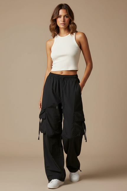 Pantalon Parachute Noir Cargo Ample Femme Décontracté Y2K - Polyester