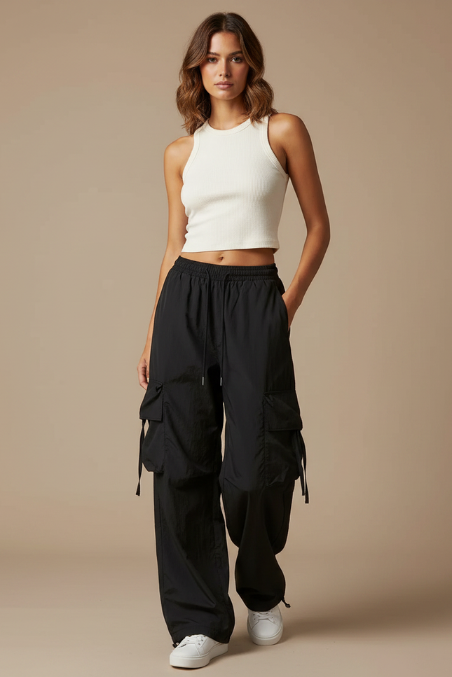Pantalon Parachute Noir Cargo Ample Femme Décontracté Y2K - Polyester