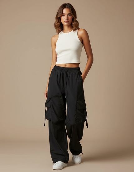 Pantalon Parachute Noir Cargo Ample Femme Décontracté Y2K - Polyester
