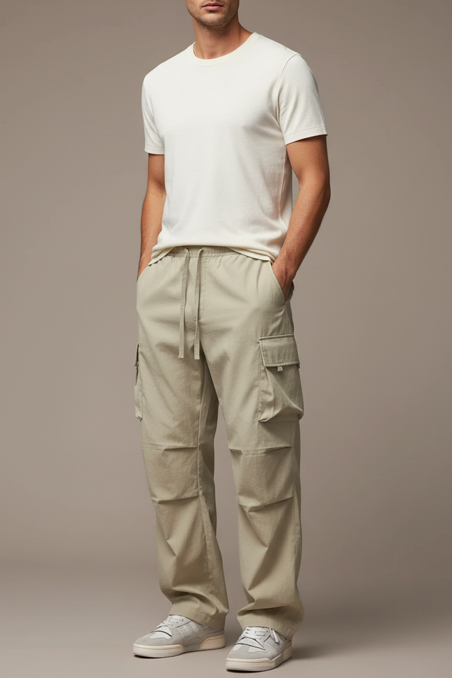 Pantalon Parachute Cargo Ample Beige Coton Homme