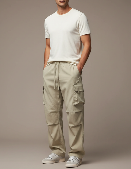 Pantalon Parachute Cargo Ample Beige Coton Homme