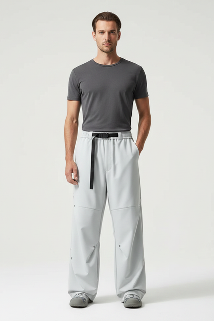 Pantalon Parachute Gris Ample Ceinture Décontracté Homme - Polyester