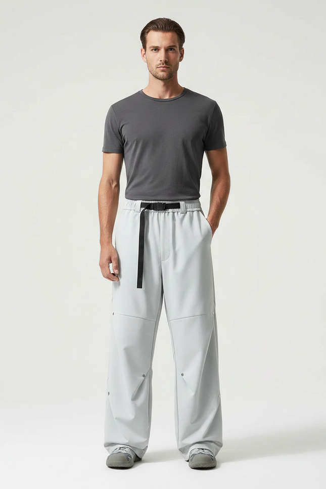 Pantalon Parachute Gris Ample Ceinture Décontracté Homme - Polyester