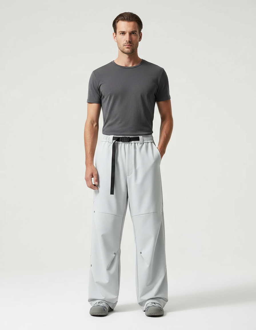 Pantalon Parachute Gris Ample Ceinture Décontracté Homme - Polyester