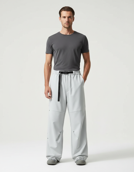 Pantalon Parachute Gris Ample Ceinture Décontracté Homme - Polyester