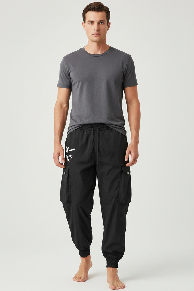 Pantalon Parachute Noir Cargo Ample Homme Sport - Polyester