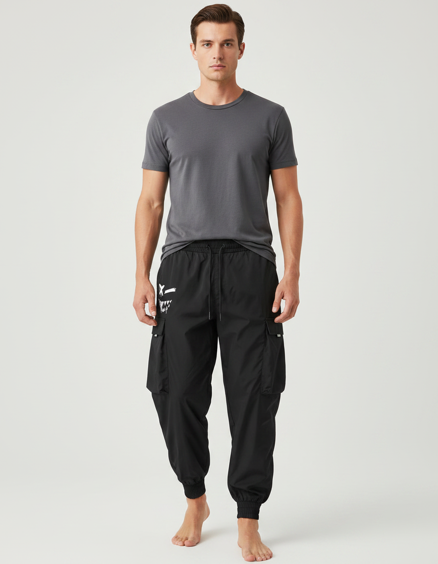 Pantalon Parachute Noir Cargo Ample Homme Sport - Polyester