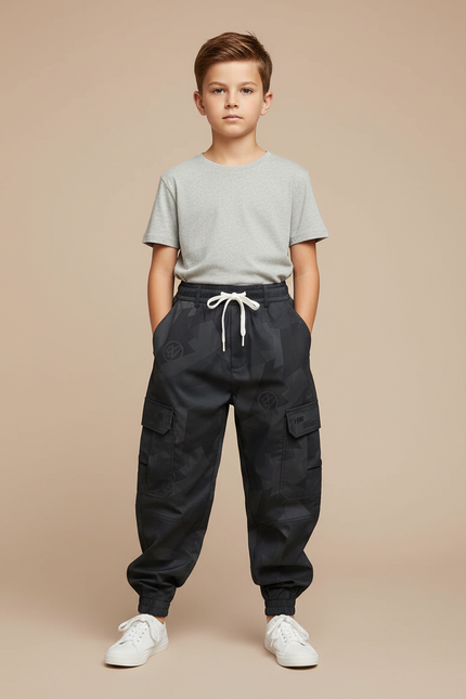 Pantalon Parachute Noir Cargo Imprimé Garçon Cordon - Polyester