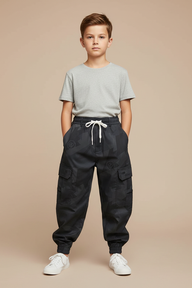 Pantalon Parachute Noir Cargo Imprimé Garçon Cordon - Polyester