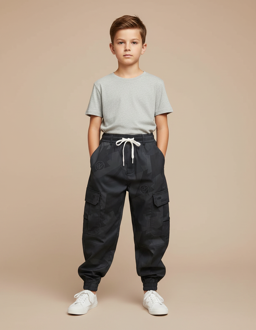 Pantalon Parachute Noir Cargo Imprimé Garçon Cordon - Polyester