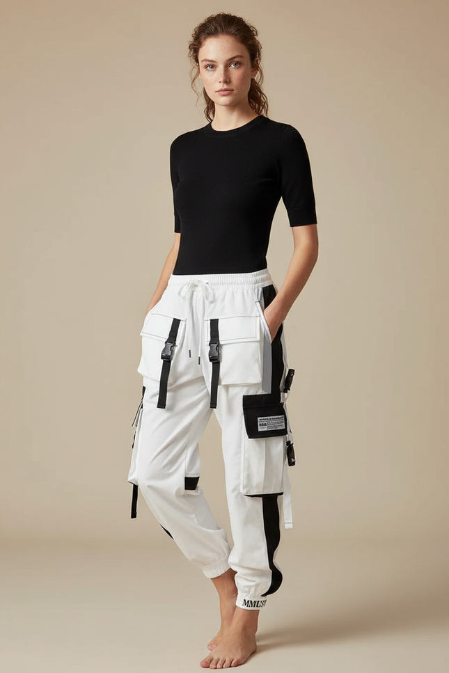 Pantalon Parachute Blanc Cargo Décontracté Techwear Femme - Polyester