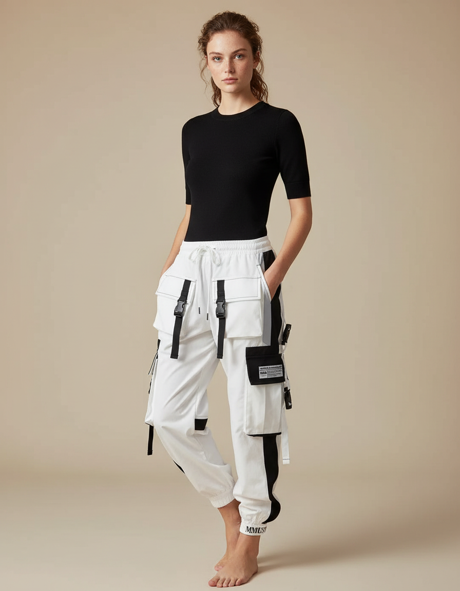 Pantalon Parachute Blanc Cargo Décontracté Techwear Femme - Polyester