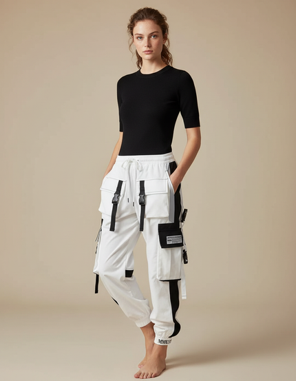Pantalon Parachute Blanc Cargo Décontracté Techwear Femme - Polyester