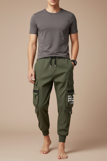 Pantalon Parachute Vert Cargo Cordon Jogger Casual Homme - Kaki Polyester