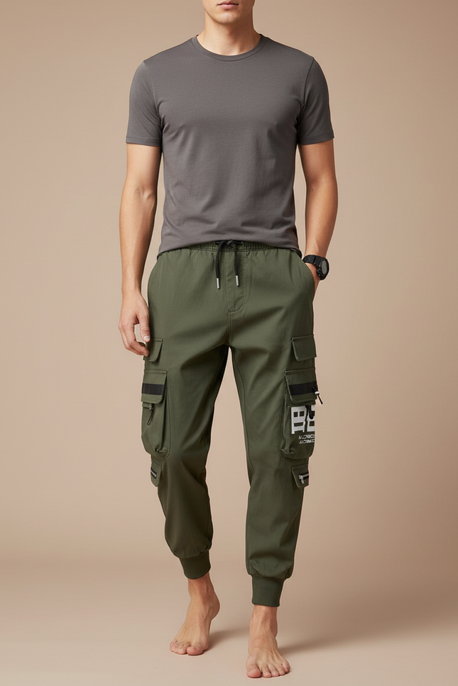 Pantalon Parachute Vert Cargo Cordon Jogger Casual Homme - Kaki Polyester
