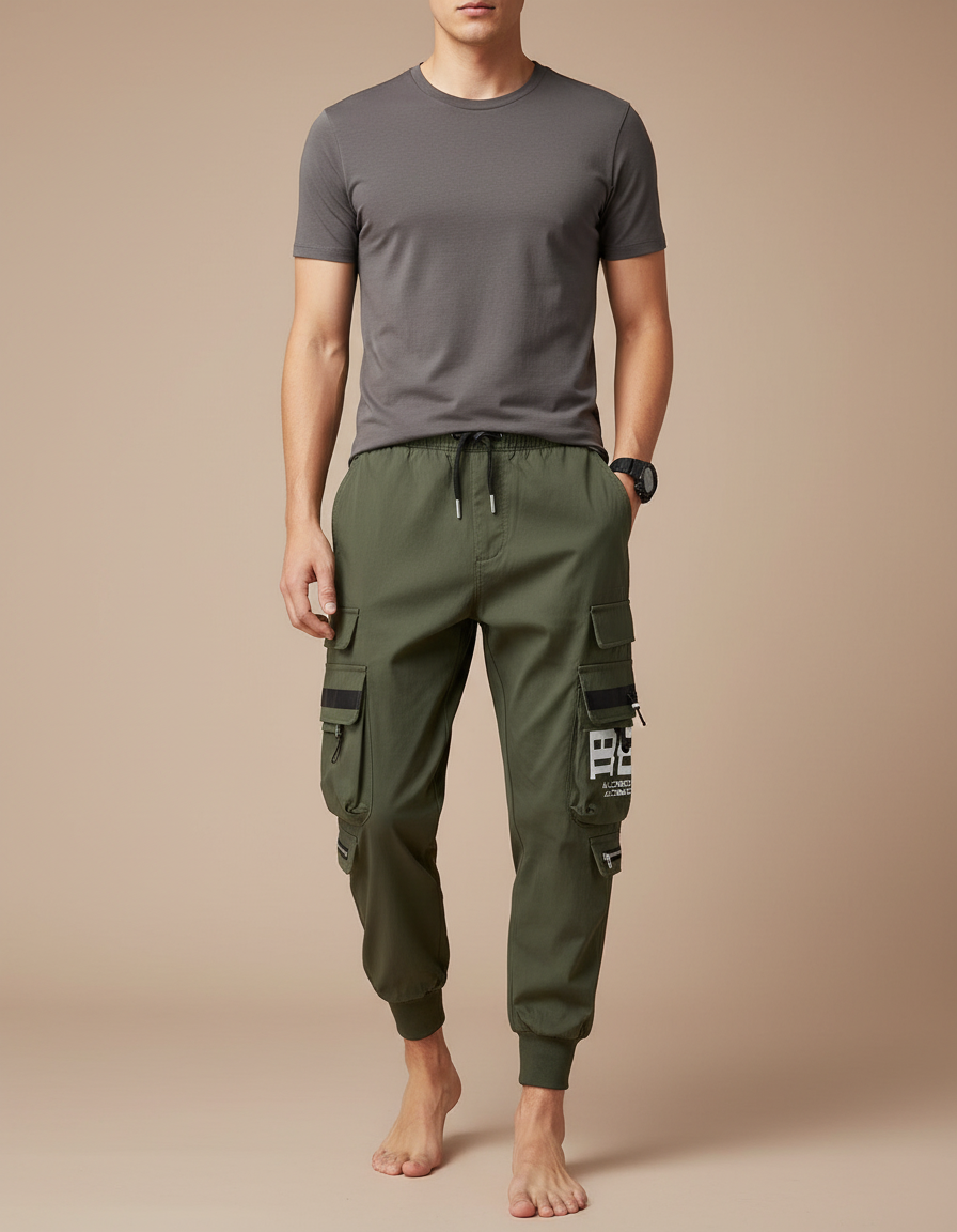 Pantalon Parachute Vert Cargo Cordon Jogger Casual Homme - Kaki Polyester