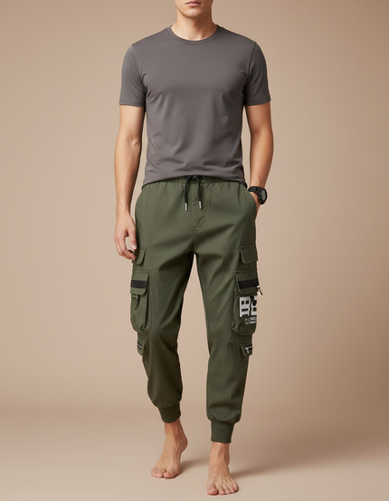 Pantalon Parachute Vert Cargo Cordon Jogger Casual Homme - Kaki Polyester