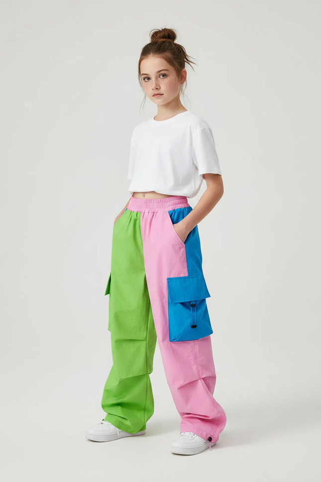 Pantalon Parachute Bicolore Cargo Ample Enfant Décontracté - Multicolore Polyester