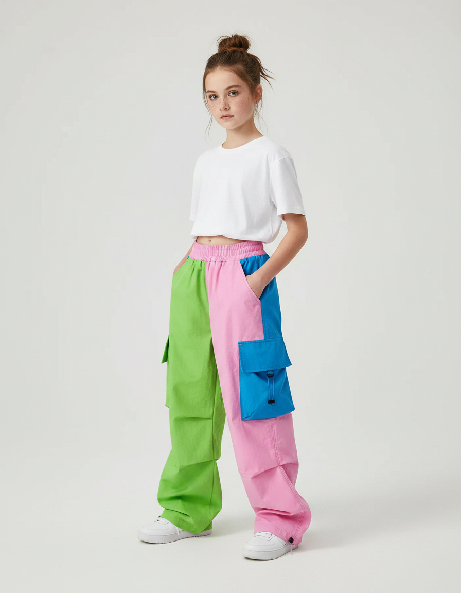 Pantalon Parachute Bicolore Cargo Ample Enfant Décontracté - Multicolore Polyester