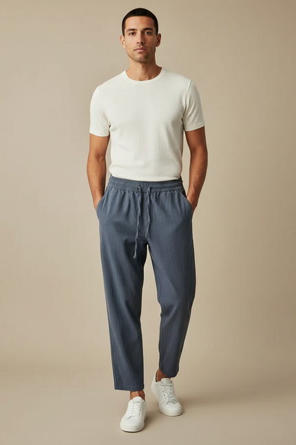 Pantalon Parachute Bleu Coton Lin Ample Décontracté Homme