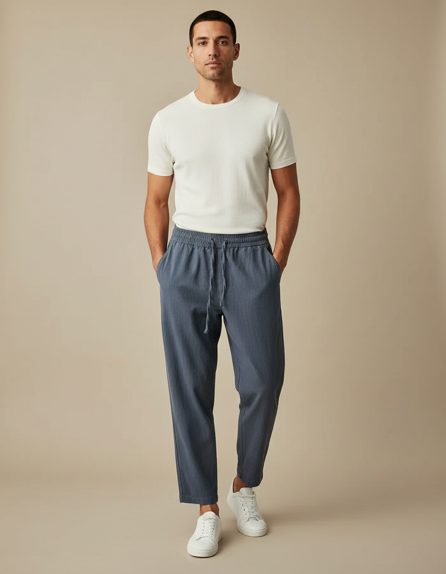 Pantalon Parachute Bleu Coton Lin Ample Décontracté Homme
