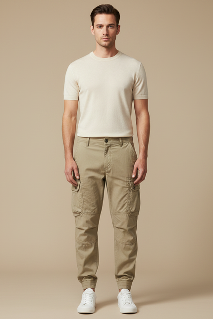 Pantalon Parachute Cargo Homme Coton Ample Beige Décontracté