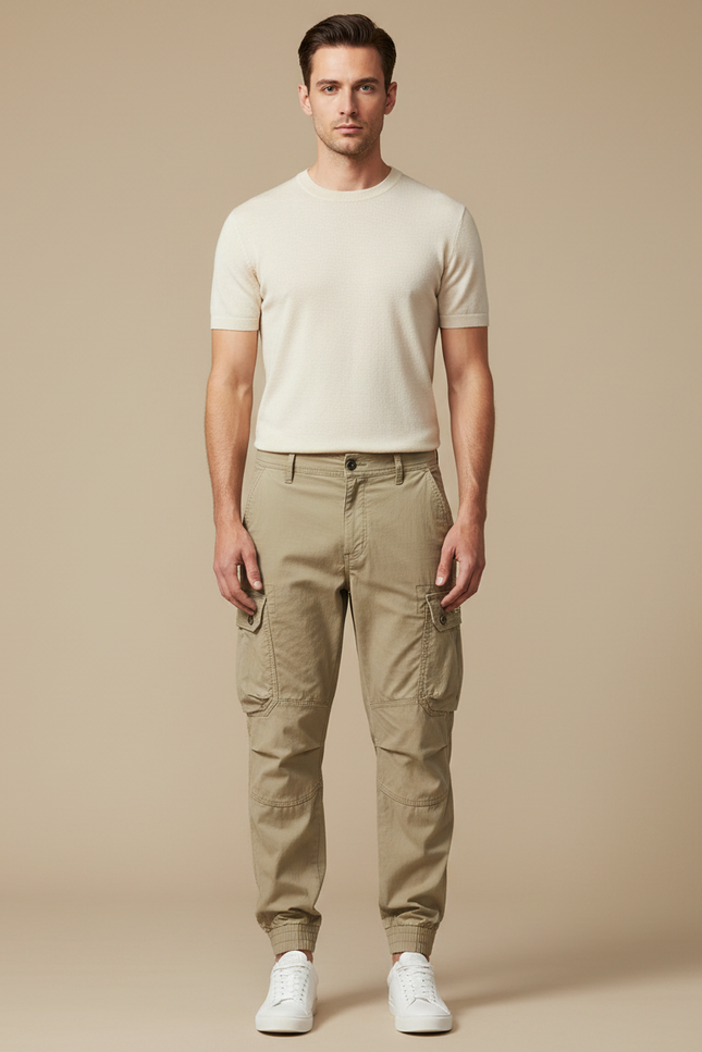 Pantalon Parachute Cargo Homme Coton Ample Beige Décontracté