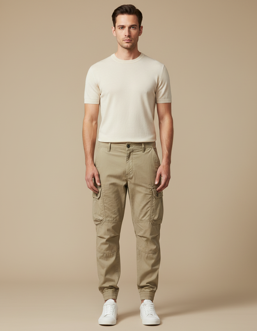 Pantalon Parachute Cargo Homme Coton Ample Beige Décontracté