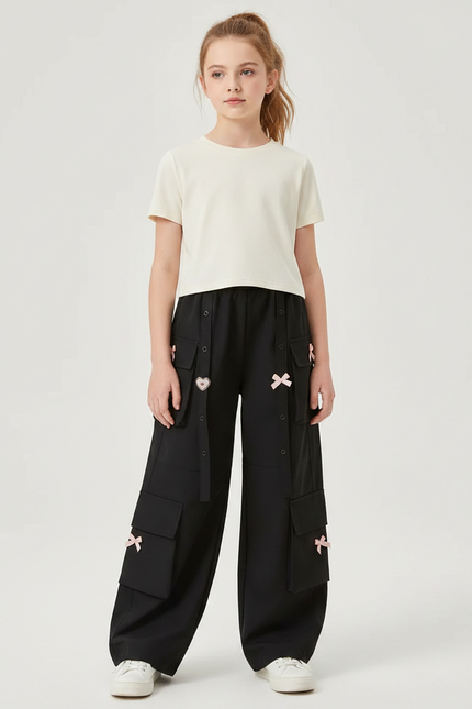 Pantalon Parachute Noir Cargo Ample Bowknot Fille - Polyester