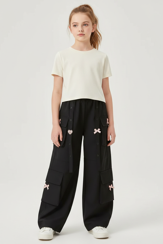 Pantalon Parachute Noir Cargo Ample Bowknot Fille - Polyester