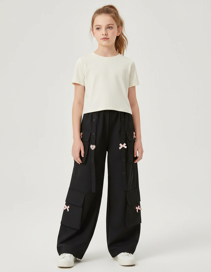 Pantalon Parachute Noir Cargo Ample Bowknot Fille - Polyester