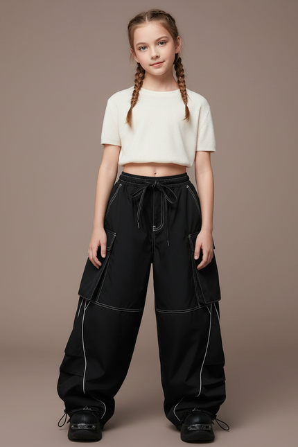 Pantalon Parachute Noir Cargo Ample Streetwear Fille - Polyester