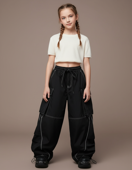 Pantalon Parachute Noir Cargo Ample Streetwear Fille - Polyester