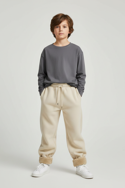 Pantalon Parachute Beige Ample Polaire Enfant Confortable - Molleton