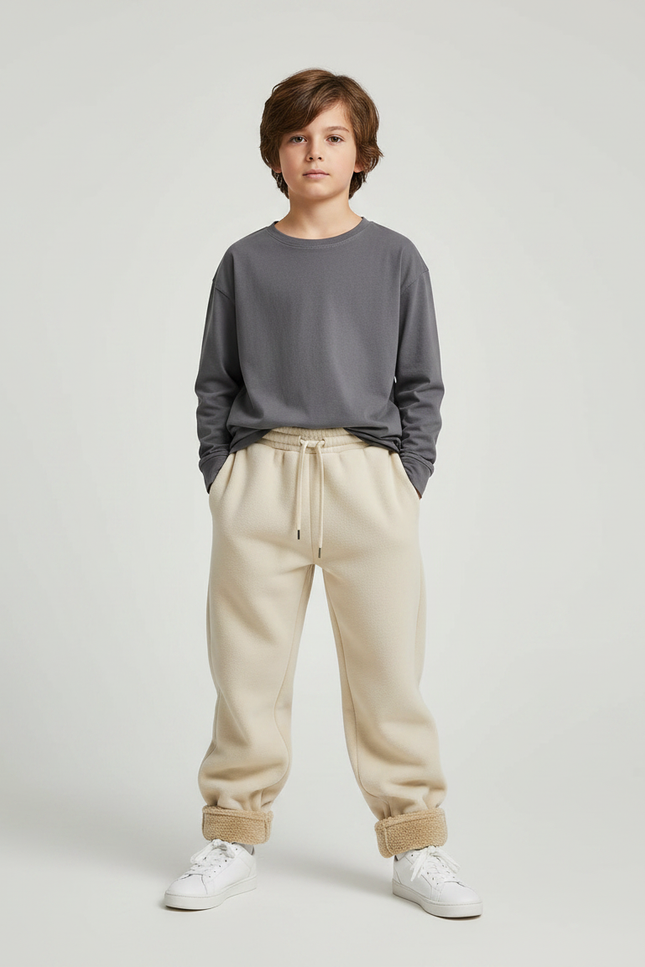 Pantalon Parachute Beige Ample Polaire Enfant Confortable - Molleton