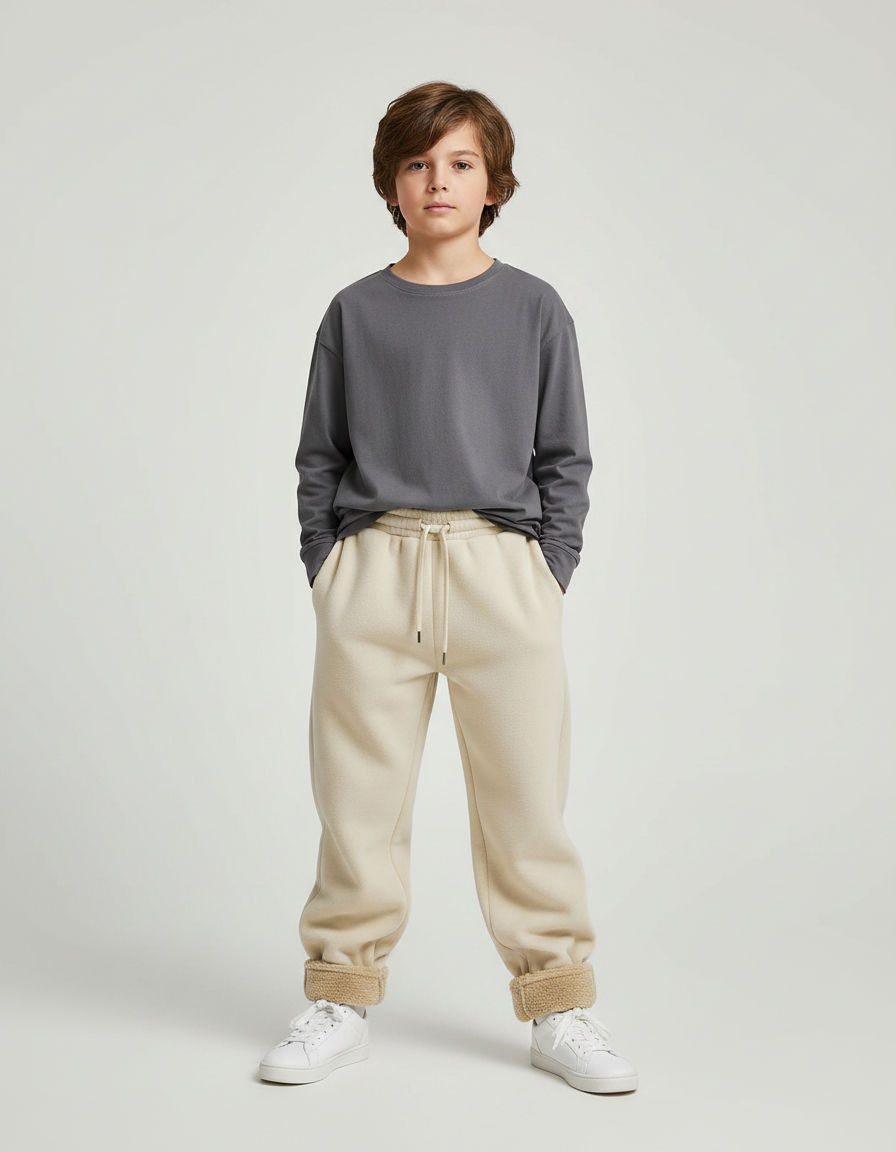 Pantalon Parachute Beige Ample Polaire Enfant Confortable - Molleton