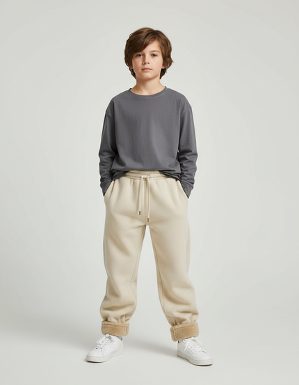Pantalon Parachute Beige Ample Polaire Enfant Confortable - Molleton