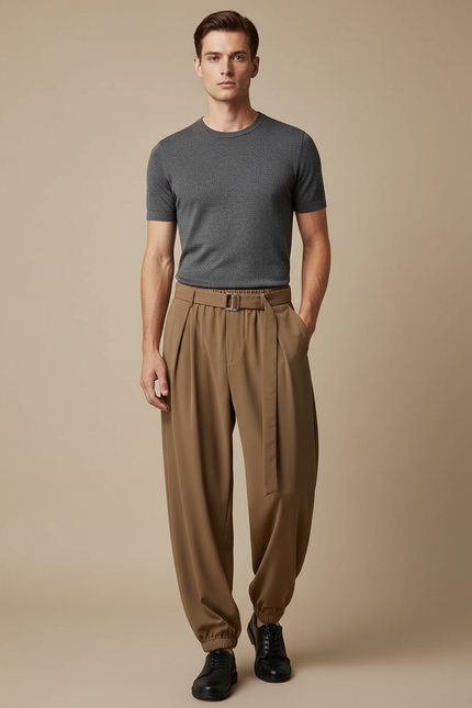 Pantalon Parachute Marron Plissé Ample Homme Ceinturé - Polyester