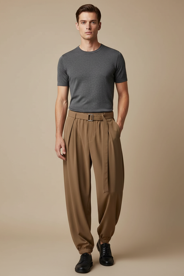 Pantalon Parachute Marron Plissé Ample Homme Ceinturé - Polyester