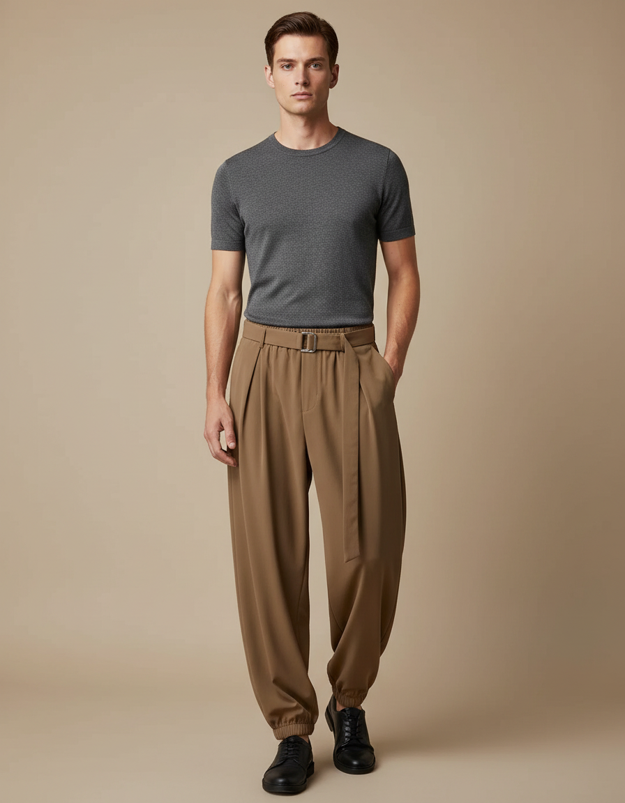 Pantalon Parachute Marron Plissé Ample Homme Ceinturé - Polyester