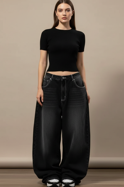 Pantalon Parachute Délavé Noir Ample Denim Femme Y2K - Jean