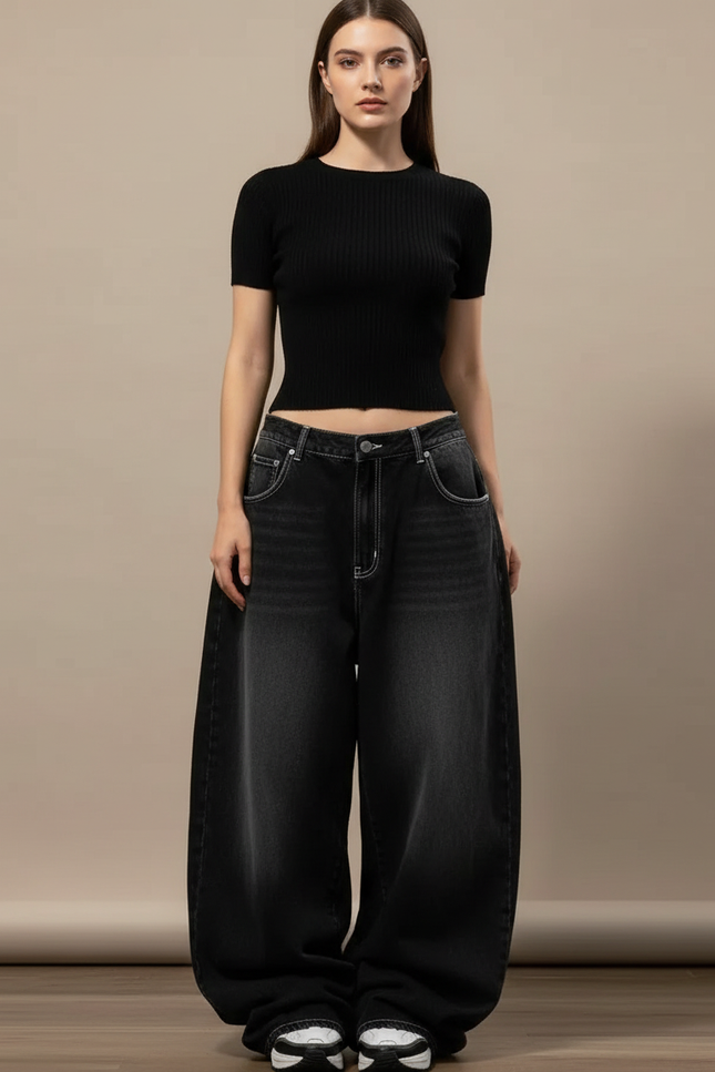 Pantalon Parachute Délavé Noir Ample Denim Femme Y2K - Jean