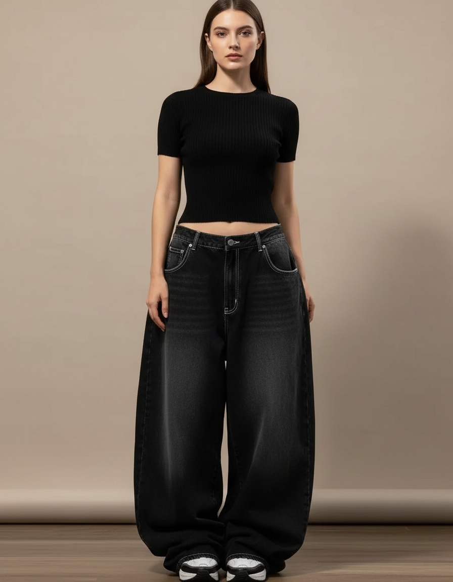 Pantalon Parachute Délavé Noir Ample Denim Femme Y2K - Jean