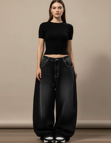 Pantalon Parachute Délavé Noir Ample Denim Femme Y2K - Jean