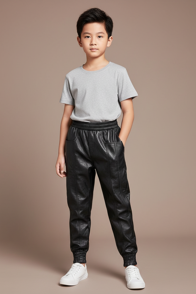 Pantalon Parachute Noir Cuir Ample Enfant Décontracté