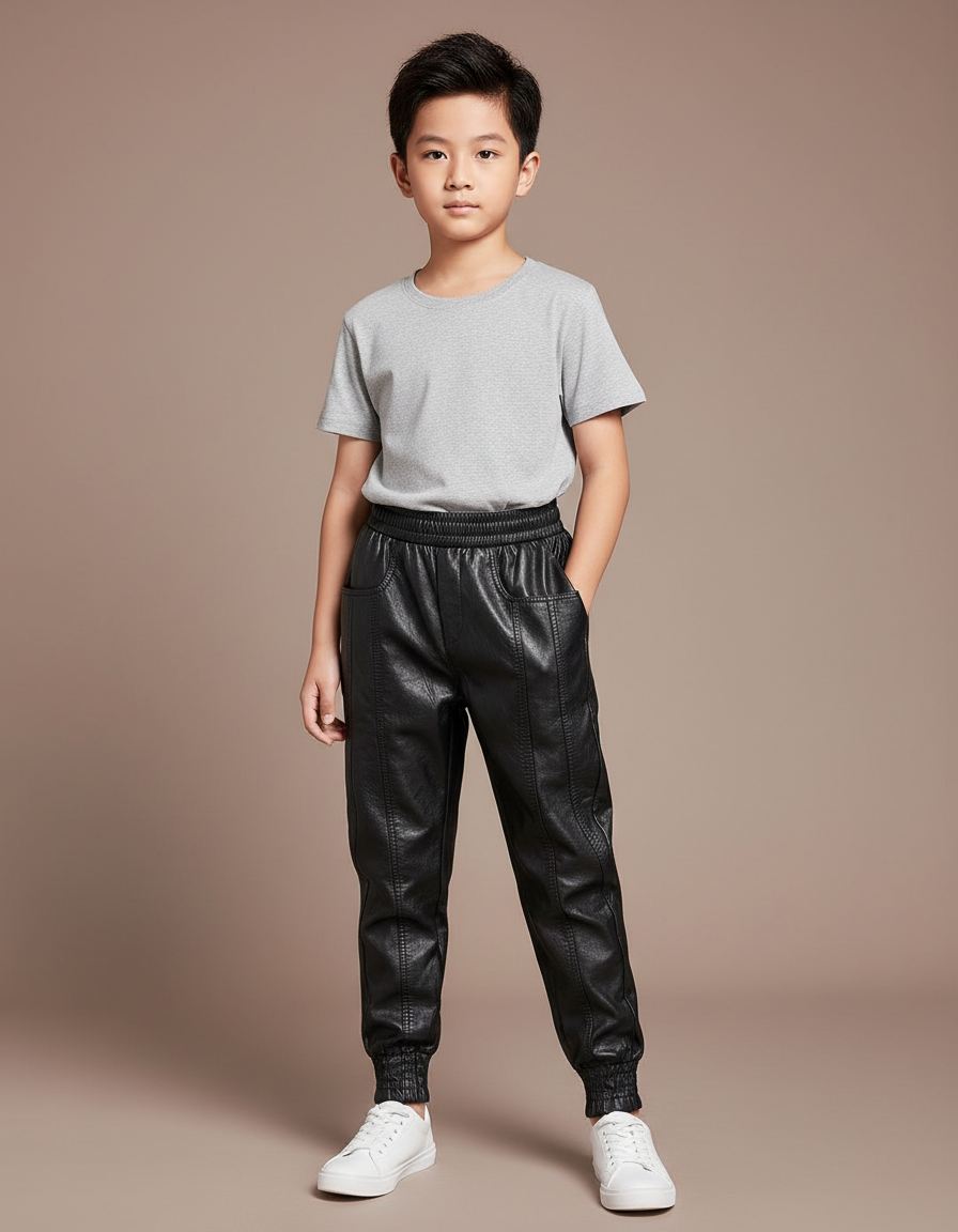 Pantalon Parachute Noir Cuir Ample Enfant Décontracté