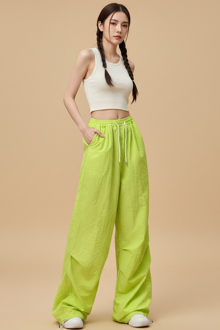 Pantalon Parachute Vert Citron Ample Fluide Streetwear - Polyester