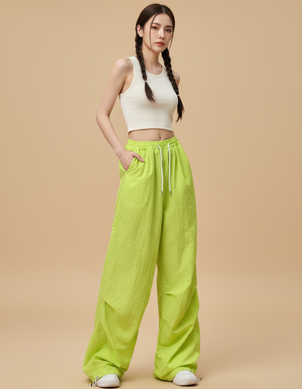 Pantalon Parachute Vert Citron Ample Fluide Streetwear - Polyester